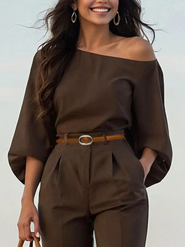 Loose Puff Sleeves Asymmetric Solid Color Split-Joint One-Shoulder Blouses&Shirts Tops