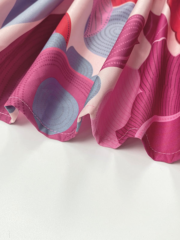 Batwing Sleeves Loose Flower Print Pleated Split-Joint Round-Neck Maxi Dresses