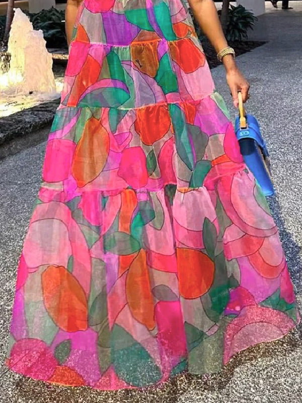 Contrast Color Printed Loose Short Sleeves Round-Neck Maxi Dresses
