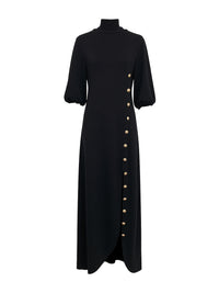 Buttoned Split-side Loose Puff Sleeves Mock Neck Maxi Dresses