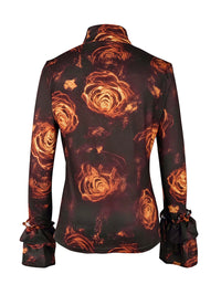 Flared Sleeves Long Sleeves Flower Print High Neck Blouses&Shirts Tops