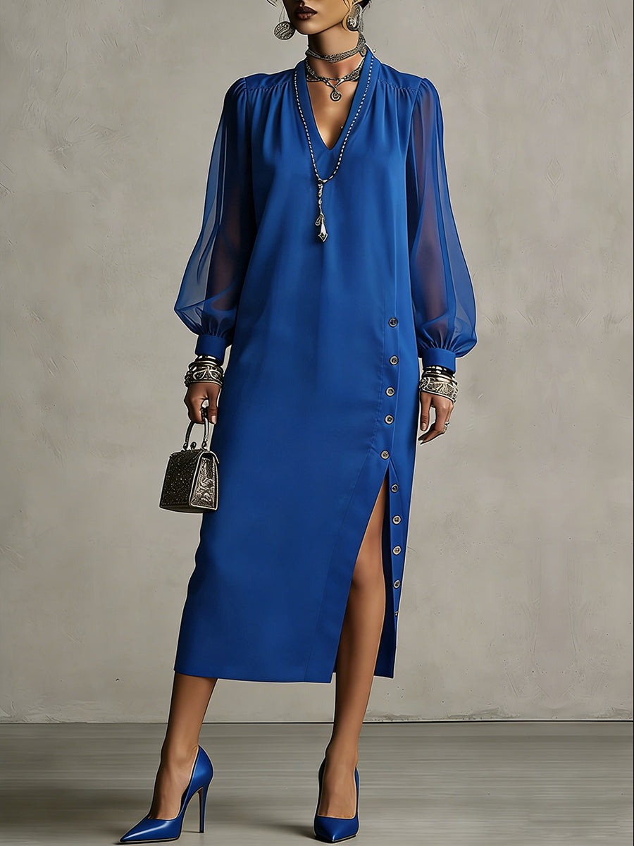 Long Sleeves Puff Sleeves Buttoned Pleated Pockets Solid Color Split-Side V-Neck Midi Dresses