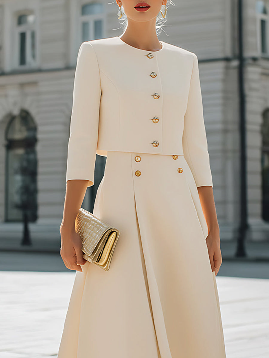 Three-Quarter Sleeves Buttoned Solid Color Round-Neck Outerwear