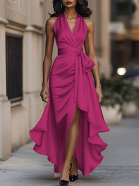 High-Low Loose Ruffle Trim Solid Color Tied Waist V-Neck Maxi Dresses
