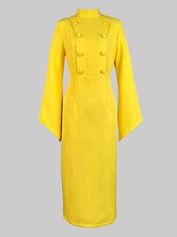 Buttoned Solid Color Flared Sleeves High Waisted Mock Neck Midi Dresses