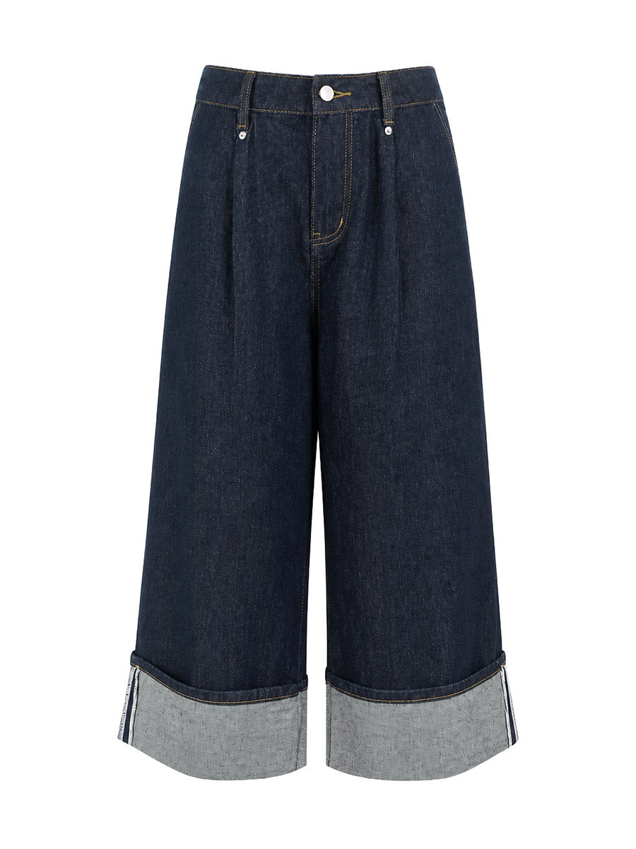 Pleated Pockets Loose Wide Leg Jean Pants Bottoms