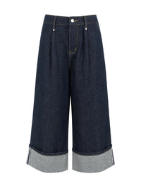 Pleated Pockets Loose Wide Leg Jean Pants Bottoms