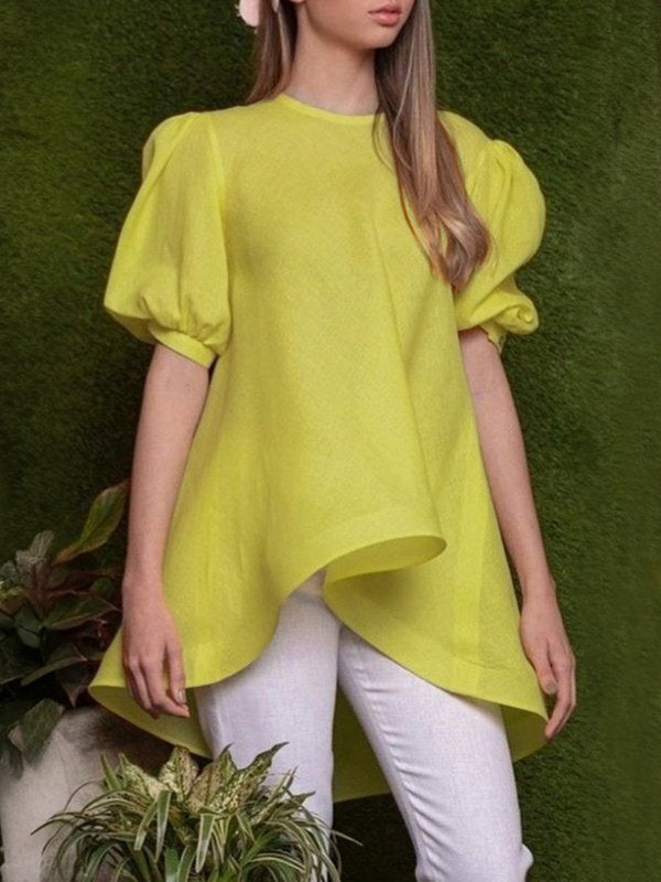Pleated Solid Color High-Low Loose Round-Neck Blouses&Shirts Tops
