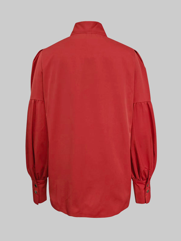 Puff Sleeves Bowknot Solid Color Stand Collar Blouses&Shirts Tops