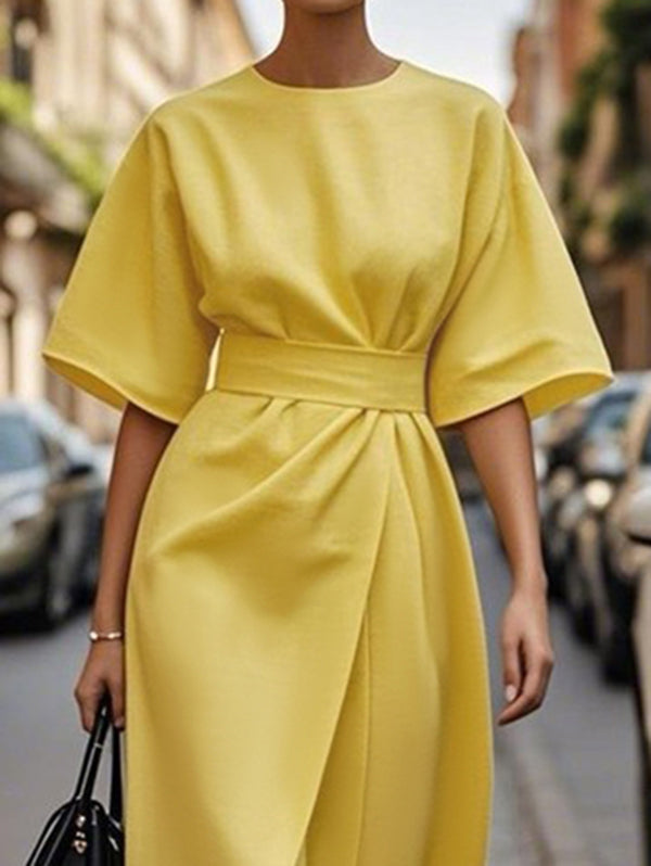 Loose Short Sleeves Pleated Solid Color Split-Joint Round-Neck Midi Dresses