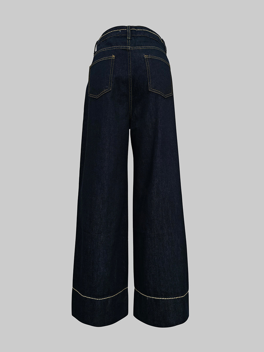 Pockets High Waisted Wide Leg Jean Pants Bottoms