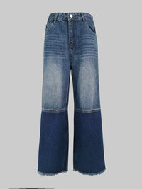 High Waisted Wide Leg Contrast Color Fringed Split-Joint Jean Pants Bottoms