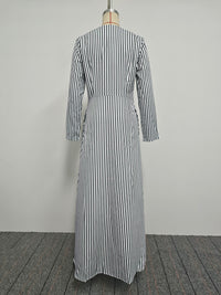 A-Line Loose Asymmetric Split-Joint Striped V-Neck Maxi Dresses Shirt Dress