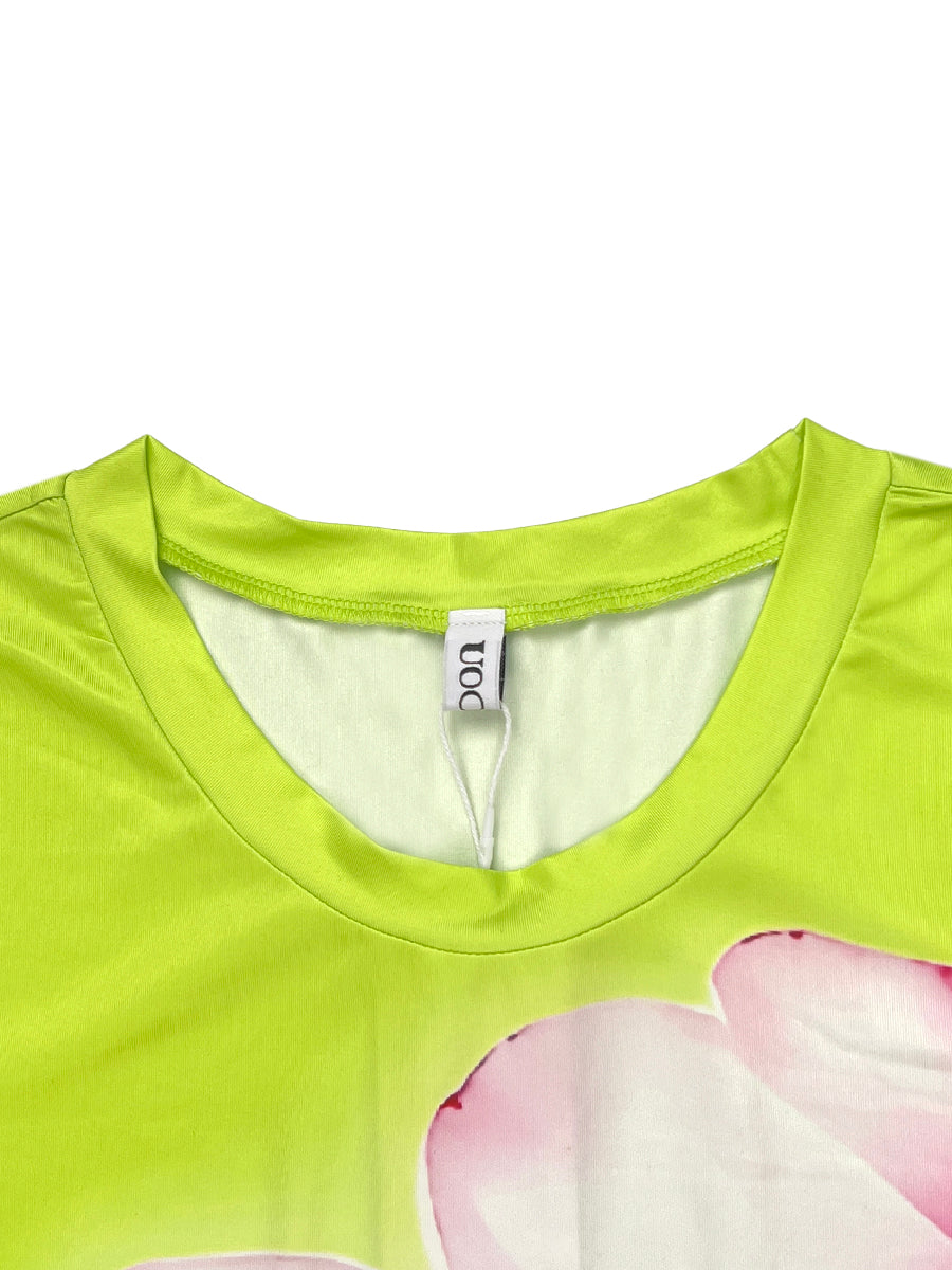 Long Sleeves Contrast Color Flower Print Split-Joint Round-Neck T-Shirts Tops