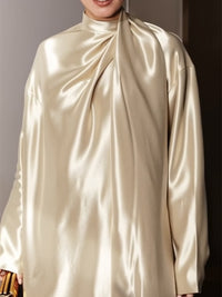 Shiny Solid Color Long Sleeves Loose High Neck Mini Dresses