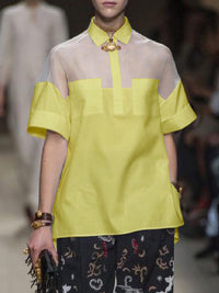See-Through Solid Color Split-Joint Short Sleeves Lapel Blouses&shirts Tops