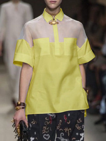 See-Through Solid Color Split-Joint Short Sleeves Lapel Blouses&shirts Tops