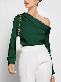 Pleated Solid Color Split-Joint Long Sleeves Skinny One-Shoulder Blouses&Shirts Tops