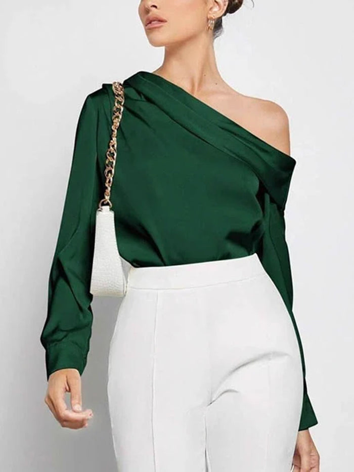 Pleated Solid Color Split-Joint Long Sleeves Skinny One-Shoulder Blouses&Shirts Tops