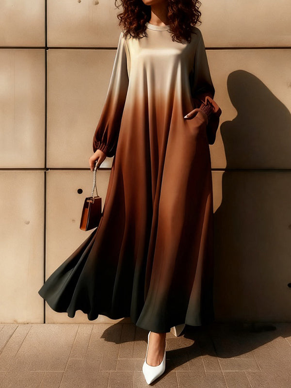 A-Line Long Sleeves Elasticity Gradient Pockets Round-Neck Maxi Dresses