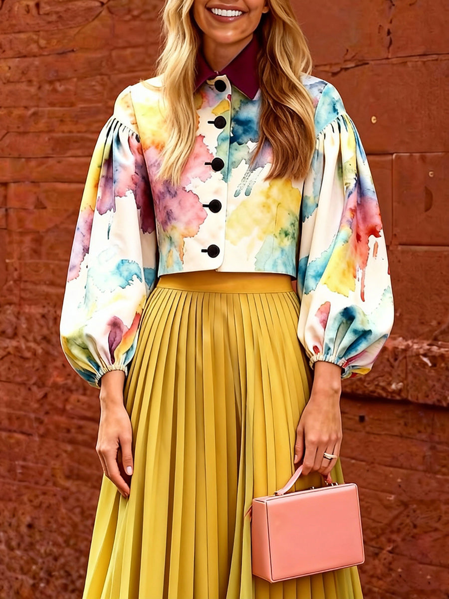 Long Sleeves Puff Sleeves Buttoned Contrast Color Print Lapel Blouses&Shirts Tops