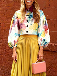 Long Sleeves Puff Sleeves Buttoned Contrast Color Print Lapel Blouses&Shirts Tops