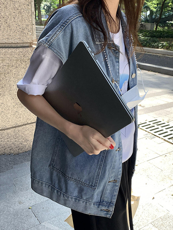 Simple Split-Joint Solid Color Denim Vest Outerwear