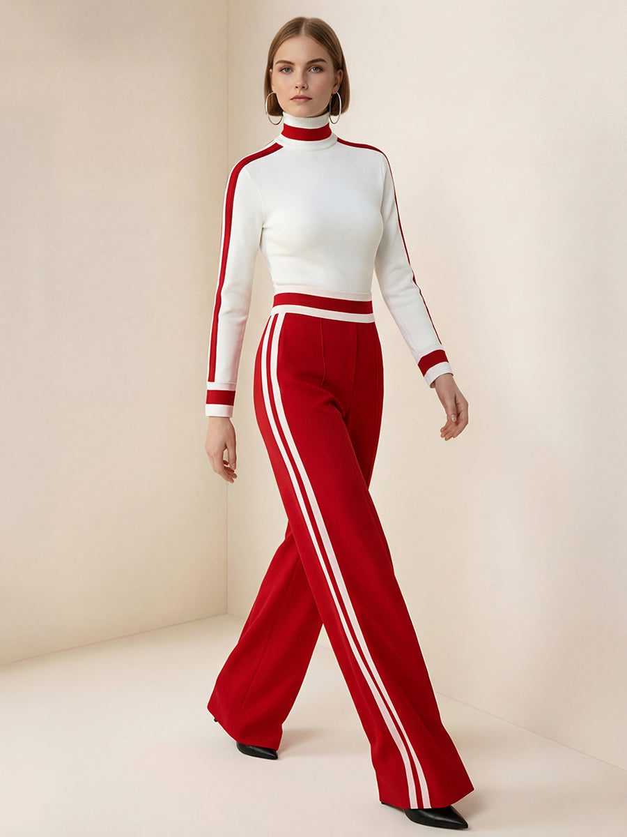 Long Sleeves Skinny Contrast Color Split-Joint Striped High Neck T-Shirts Tops