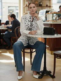Long Sleeves Loose Brooch Elasticity Heart Shape Pleated Print Lapel Collar Blouses&Shirts Tops