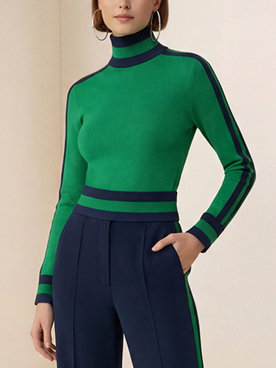 Long Sleeves Skinny Contrast Color Split-Joint Striped High Neck T-Shirts Tops