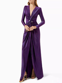 Solid Color Bodycon Long Sleeves Pleated  Split-Front Tied Waist Deep V-Neck Maxi Dresses