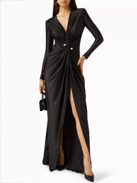 Solid Color Bodycon Long Sleeves Pleated  Split-Front Tied Waist Deep V-Neck Maxi Dresses