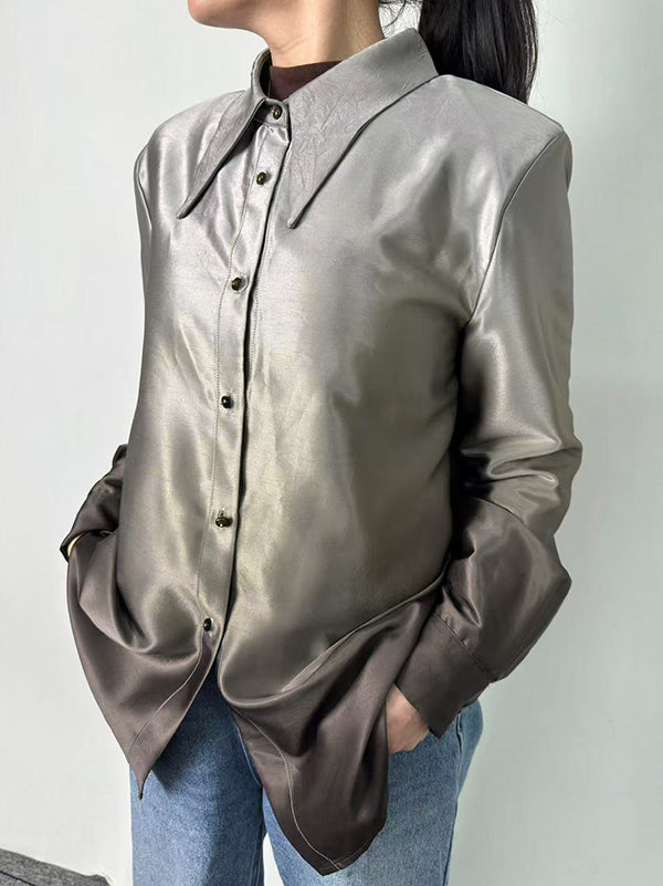 Buttoned Gradient Long Sleeves Lapel Blouses&shirts Tops