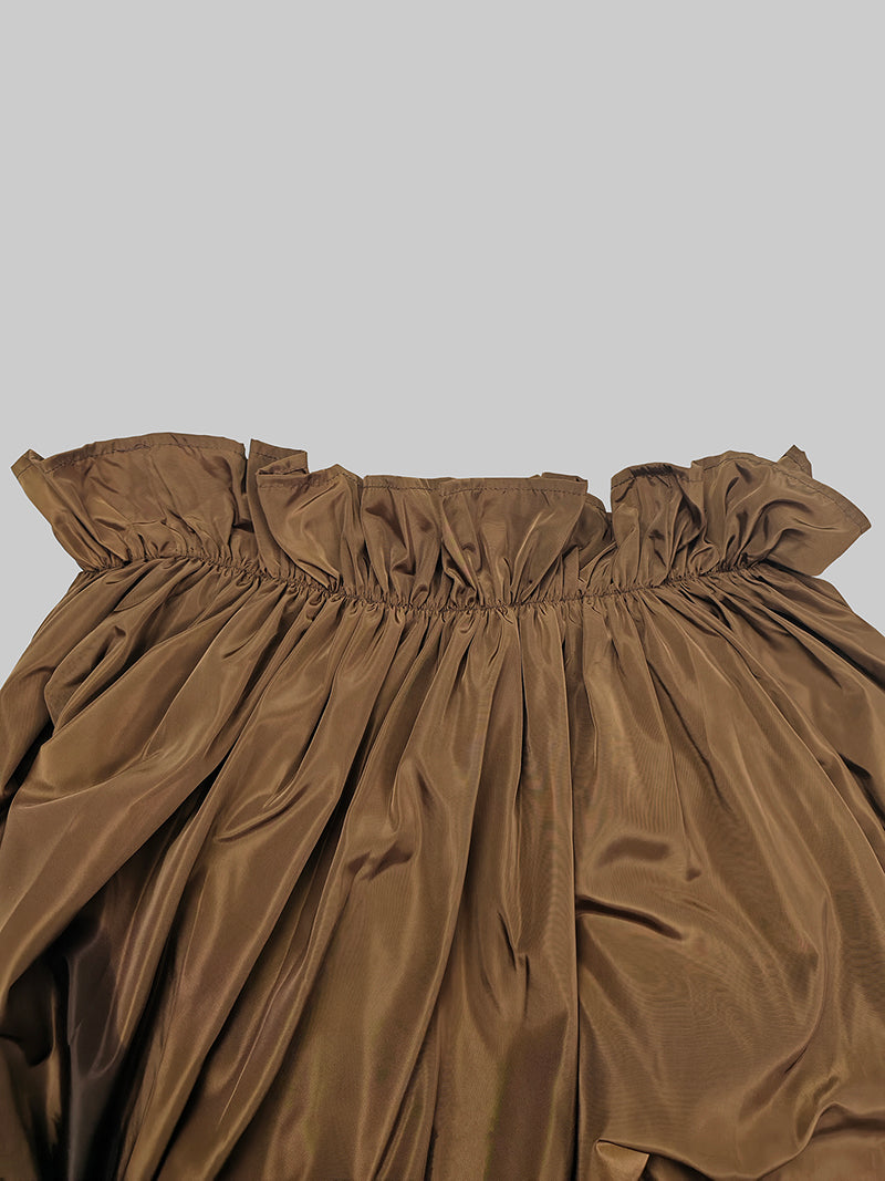 Falbala Pleated Solid Color Loose Puff Sleeves Off-The-Shoulder Maxi Dresses