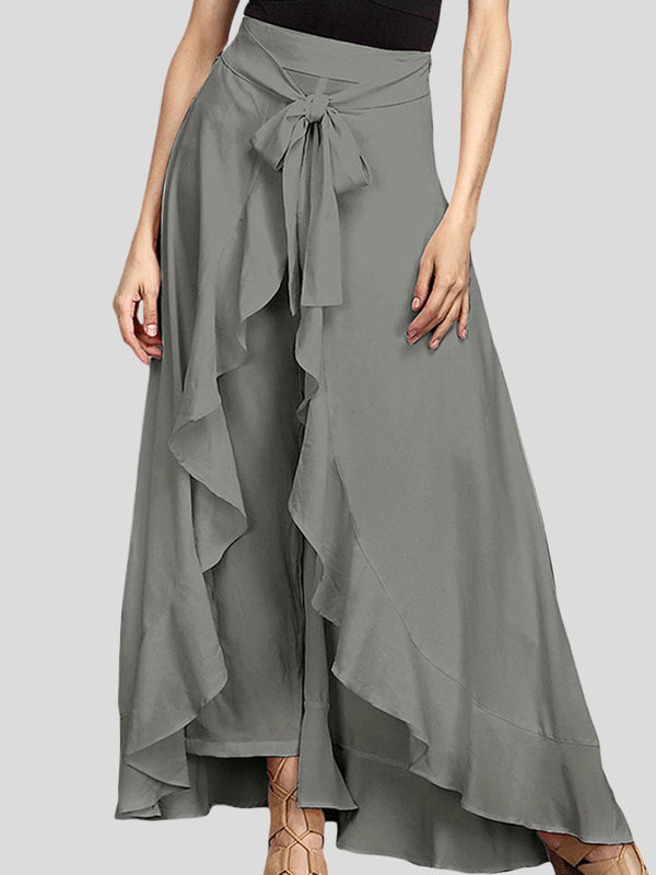 Loose Ruffle Trim Solid Color Split-Joint Tied Waist Zipper Culotte