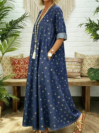 A-Line Long Sleeves Pleated Pockets Printed Split-Joint V-Neck Maxi Dresses