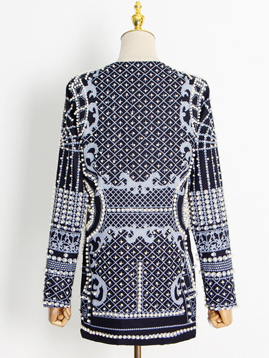 Original Creation Loose Long Sleeves Beads Printed V-Neck Blazer Outerwear