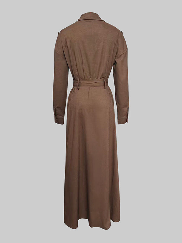 Loose Puff Sleeves Pleated Solid Color Split-Joint Lapel Maxi Dresses Shirt Dress