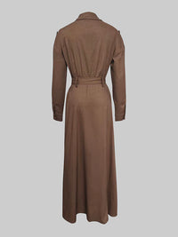 Loose Puff Sleeves Pleated Solid Color Split-Joint Lapel Maxi Dresses Shirt Dress