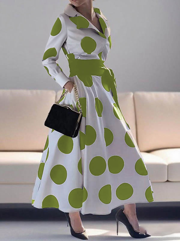 A-Line Long Sleeves Pockets Polka-Dot Tied Waist Notched Collar Maxi Dresses
