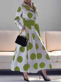 A-Line Long Sleeves Pockets Polka-Dot Tied Waist Notched Collar Maxi Dresses