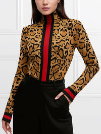 Long Sleeves Skinny Contrast Color Leopard High Neck T-Shirts Tops