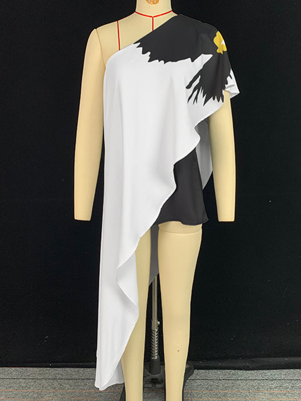 Loose Sleeveless Asymmetric Flower Print One-Shoulder Blouses&Shirts Tops