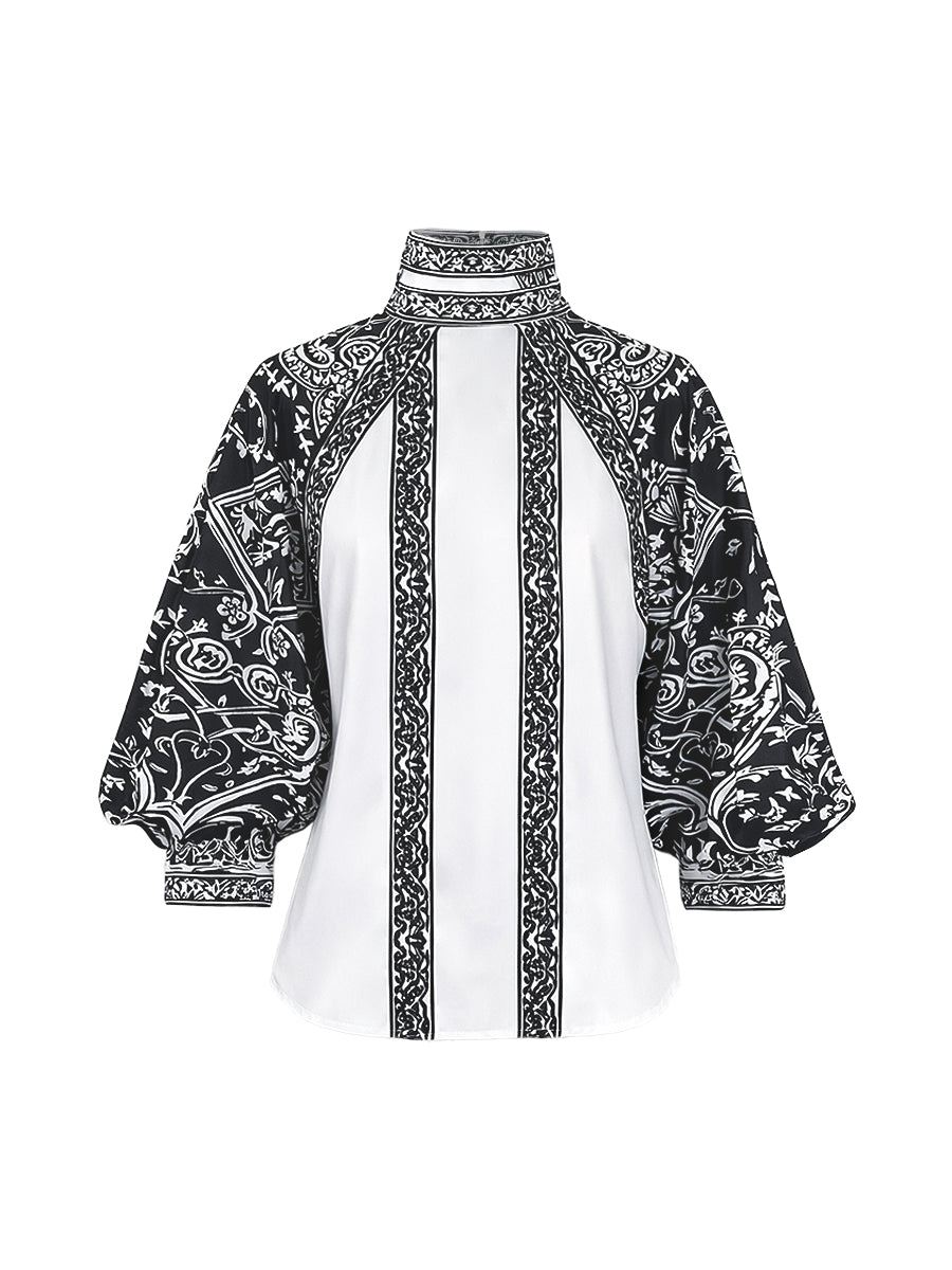 Long Sleeves Loose Contrast Color Flower Print High Neck Blouses&Shirts Tops