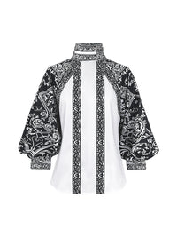 Long Sleeves Loose Contrast Color Flower Print High Neck Blouses&Shirts Tops