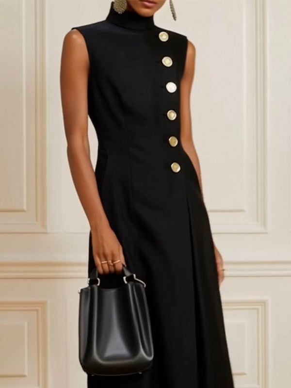 Loose Sleeveless Asymmetric Split-Joint High Neck Midi Dresses