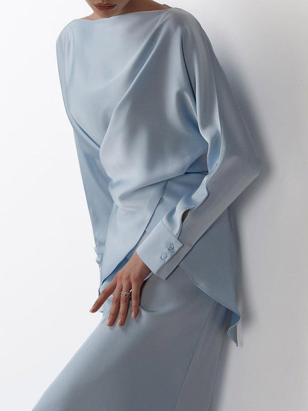 Loose Solid Color Split-Joint Boat Neck Long Sleeves Blouse & Shirt + Skirt Two Pieces Set