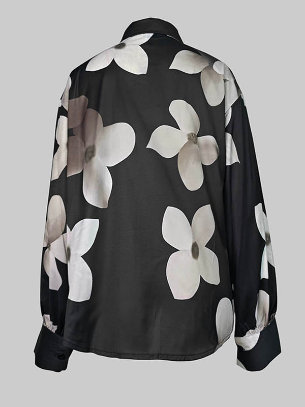 Floral Printed Long Sleeves Loose Lapel Blouses