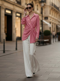 Long Sleeves Wrap Asymmetric Knot Pleated Lapel Blouses&Shirts Tops