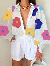 Long Sleeves Loose Floral Printed Deep V-Neck Blouses&Shirts Tops